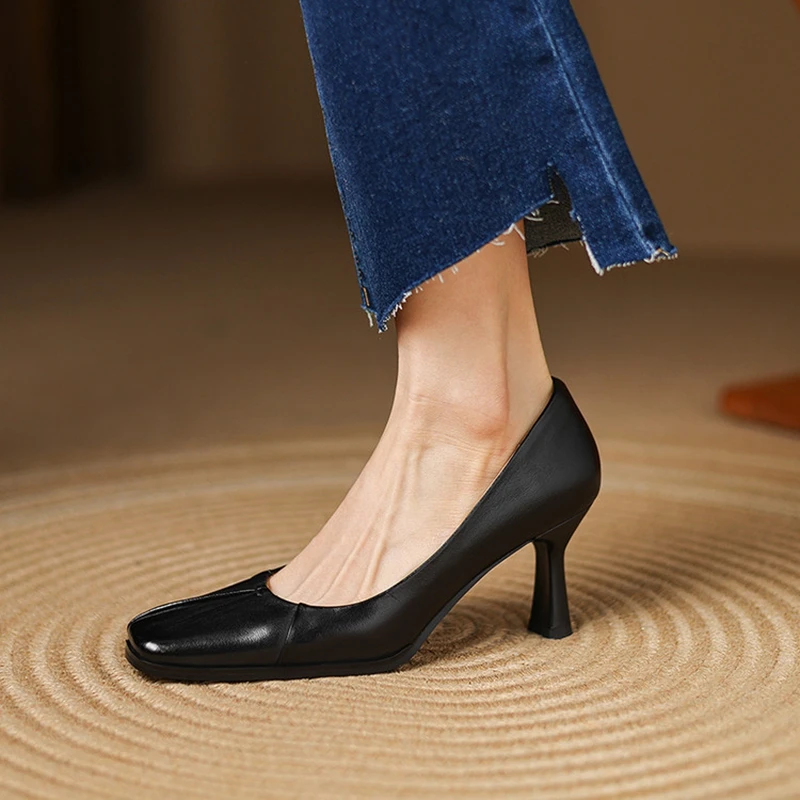 Women's Genuine Leather Square-Toe Pumps – 7 cm Heel, Pleated Detail - Image 4