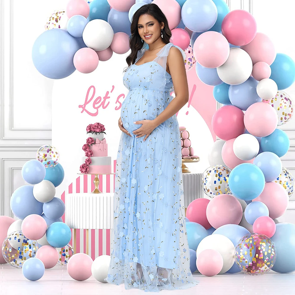 Maternity Photography Tulle Straps Evening Party Gowns Floral Embroidered Mesh Summer Long Dress for Baby Shower Photoshoot - Image 6