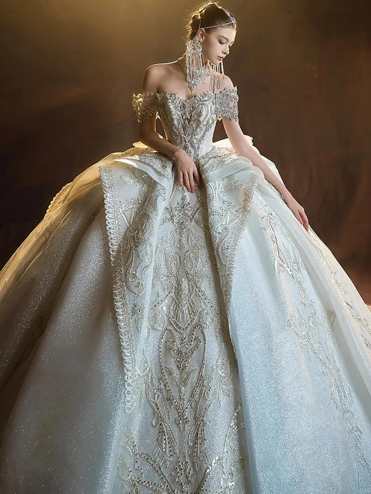 One-shoulder heavy Industry luxury haute couture new textured large tail main fabric dress - Image 2