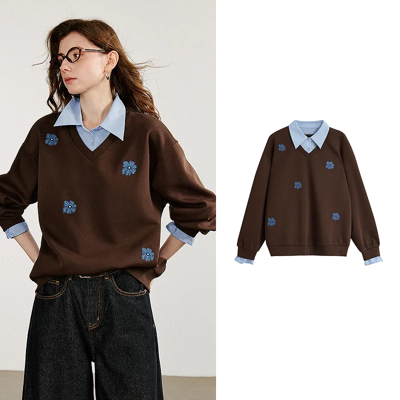 TOYOUTH Women Sweatshirt 2025 Autumn New Denim Flower Embroidery Fake Two Piece Splicing Turn Down Collar Cotton Casual Pullover - Image 7