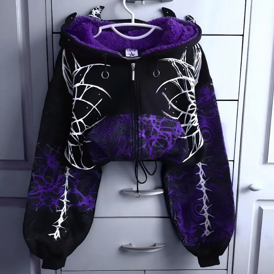Women Gothic Star Moon Print Fleece Lined Hoodie Bat Wing Back Chain Zip Up Cropped Drawstring Y2K Punk Streetwear Sweat Jacket - Image 8