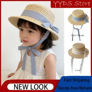 Straw Summer Kids Sun Hat with Wide Brim and Adjustable Strap, 48-52 cm
