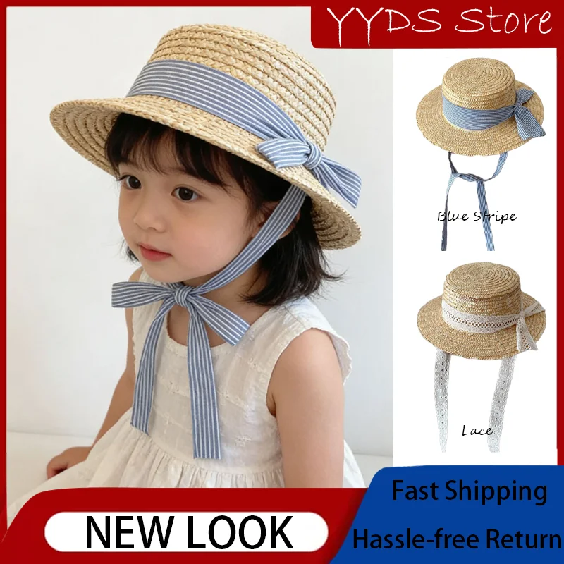 Straw Summer Kids Sun Hat with Wide Brim and Adjustable Strap, 48-52 cm