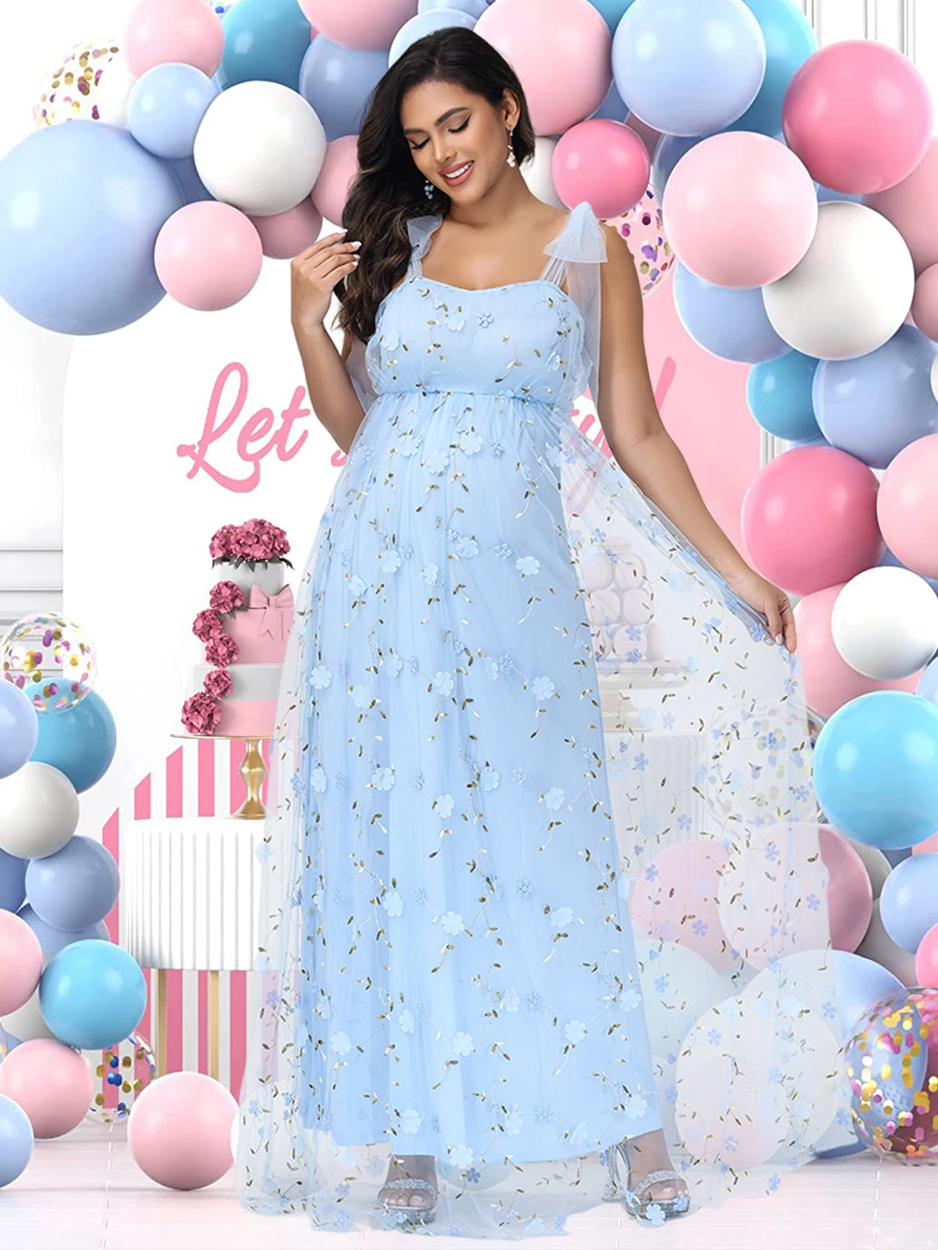 Maternity Photography Tulle Straps Evening Party Gowns Floral Embroidered Mesh Summer Long Dress for Baby Shower Photoshoot - Image 7