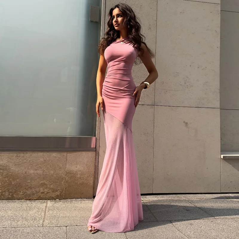 FL Off Shoulder See Through Dress Solid High Waist Patchwork Backless Slim Long Dress Women Vacation Party Evening Dresses New - Image 4