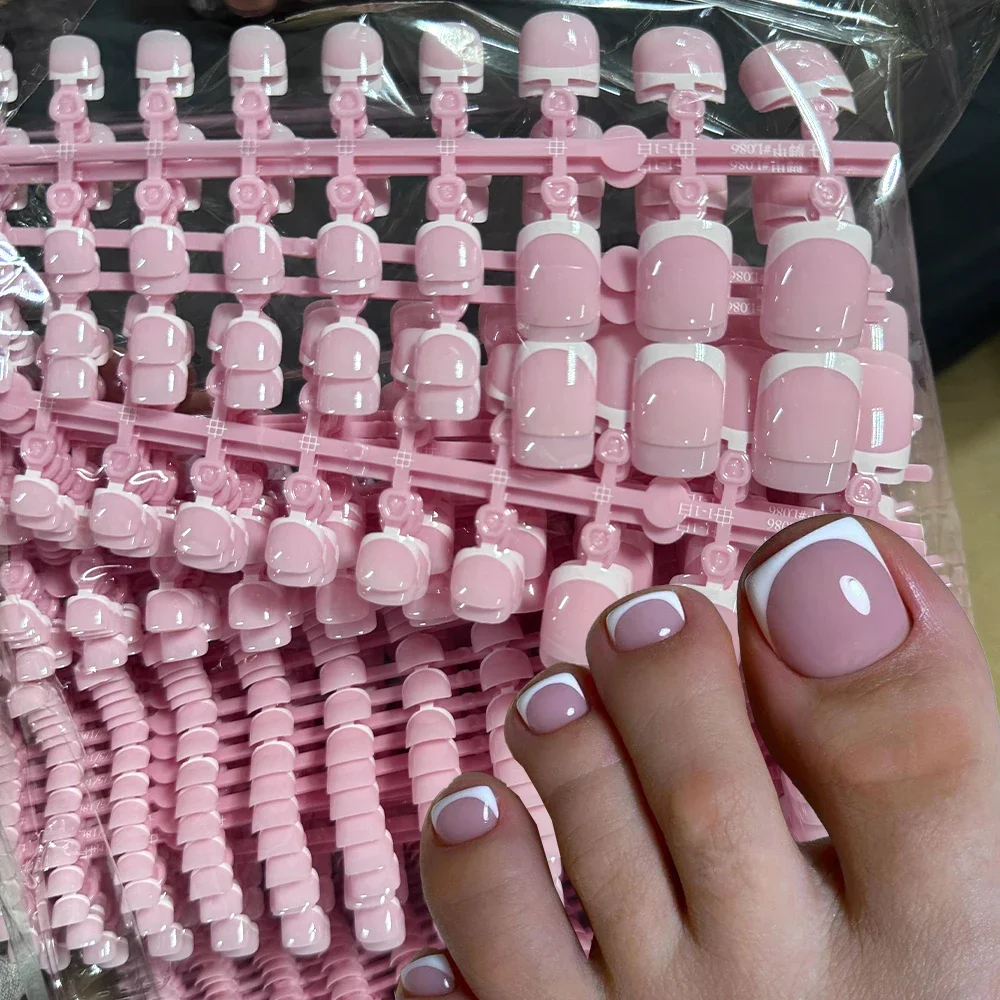Short Square Pink French Toe Nail Tips – 120pcs Full‑Cover Press‑On Gel