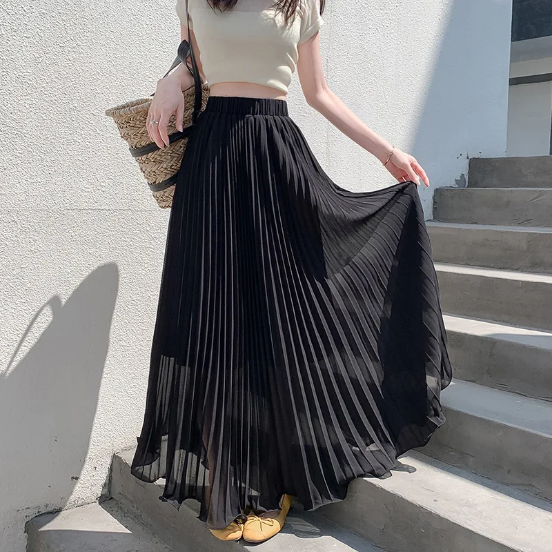 Elegant White Pleated Maxi Skirt Women Summer High Waist Chiffon A-Line Long Skirt Woman Korean Fashion Casual Beach Skirts 2026 - Image 2