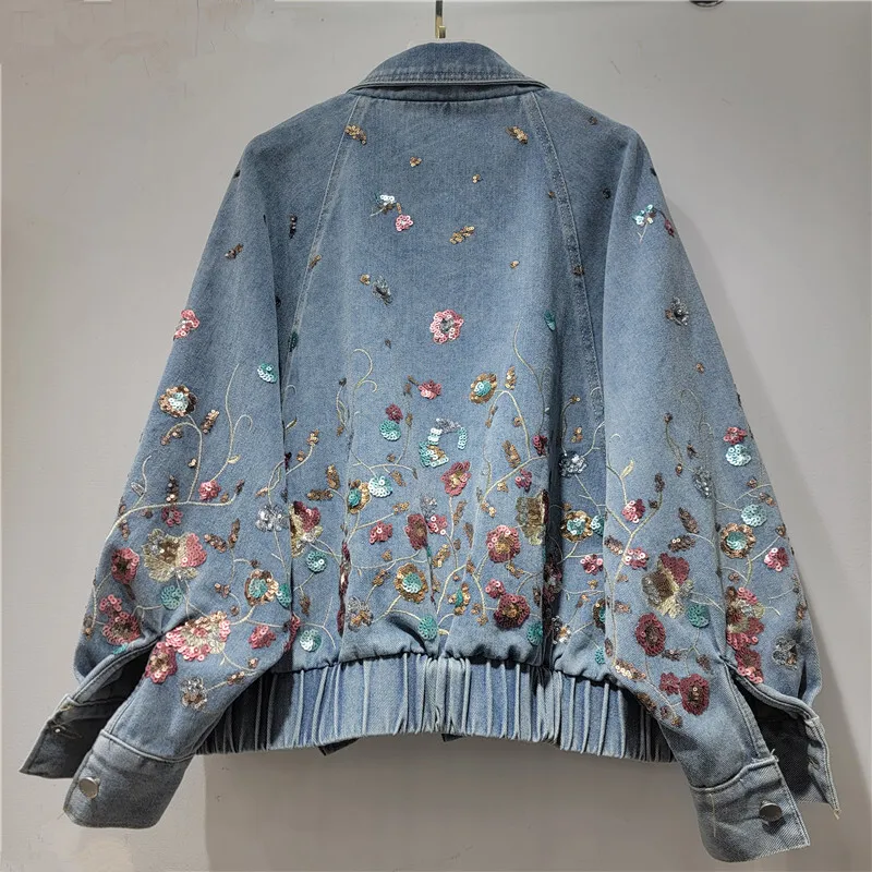 Women's Sequin Flower Denim Blazer Jacket - view 3