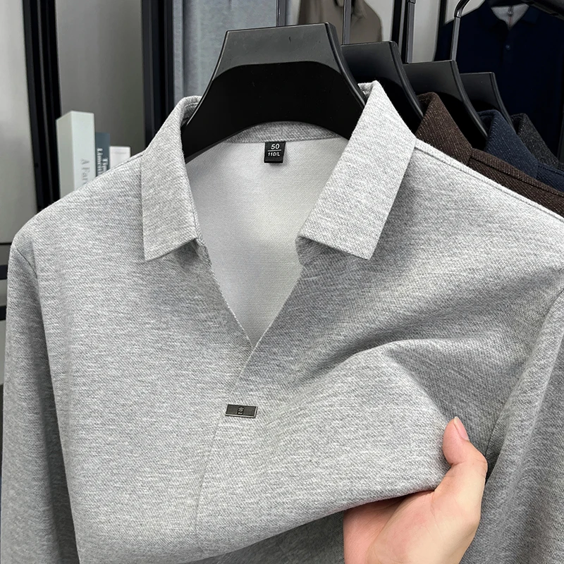 High quality brand men's long sleeve V-neck polo shirt autumn fashion new badge design boutique golf top casual business T-shirt