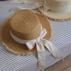 Kids Wide-Brim Straw Fedora Hat with Vintage Bow – Unisex Sun Visor
