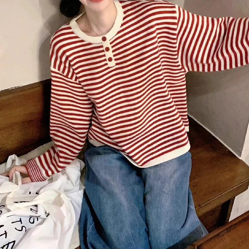 Women's Vintage Striped Button Knit Sweater - view 3