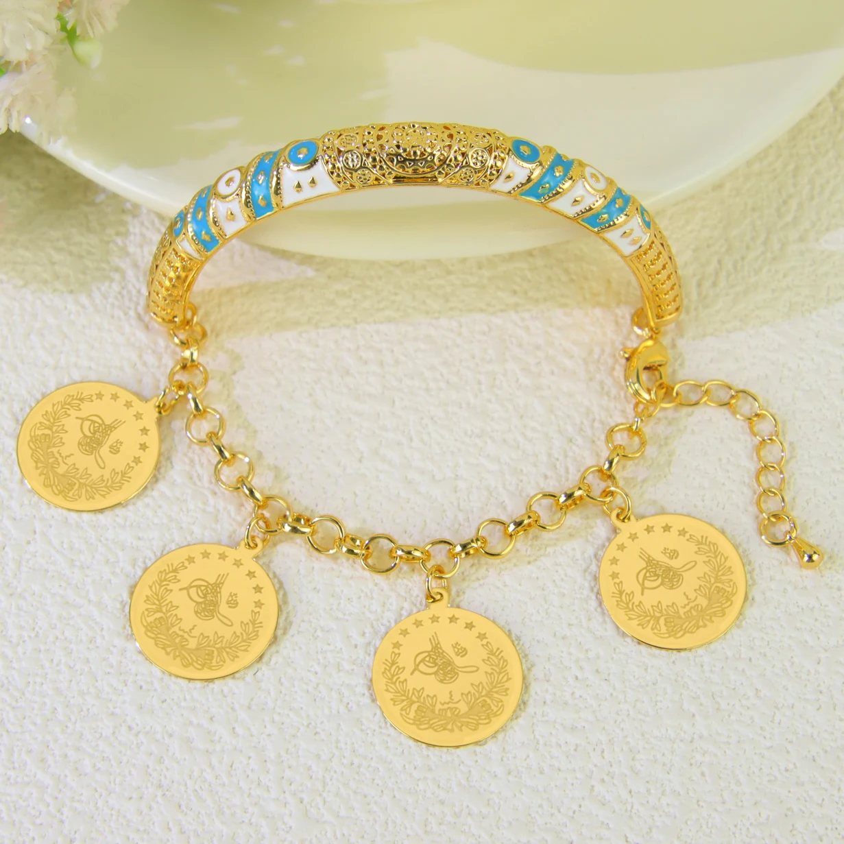 21k Gold-Plated Arabic Coin Charm Bracelet for Women – Dubai Bangles - Image 6