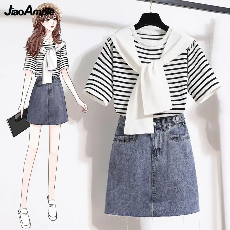 Women Casual Stripe Shawl T Shirt Skirts Two Piece Set 2025 Summer Student Fashion Tops Denim A-Line Skirt Outfits Lady Clothes