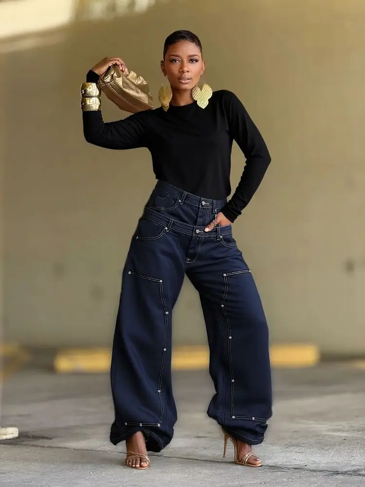 SHENGPALAE European And American Style Loose Double Waisted Collision Nail Splicing High Waisted Jeans For Women 2026 Spring New - Image 2