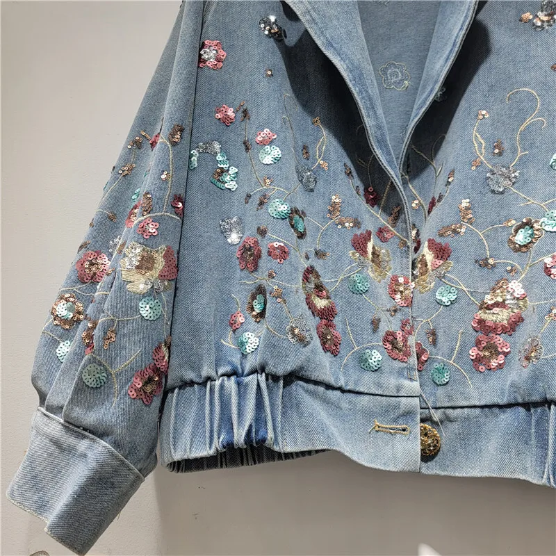 Women's Sequin Flower Denim Blazer Jacket - view 5