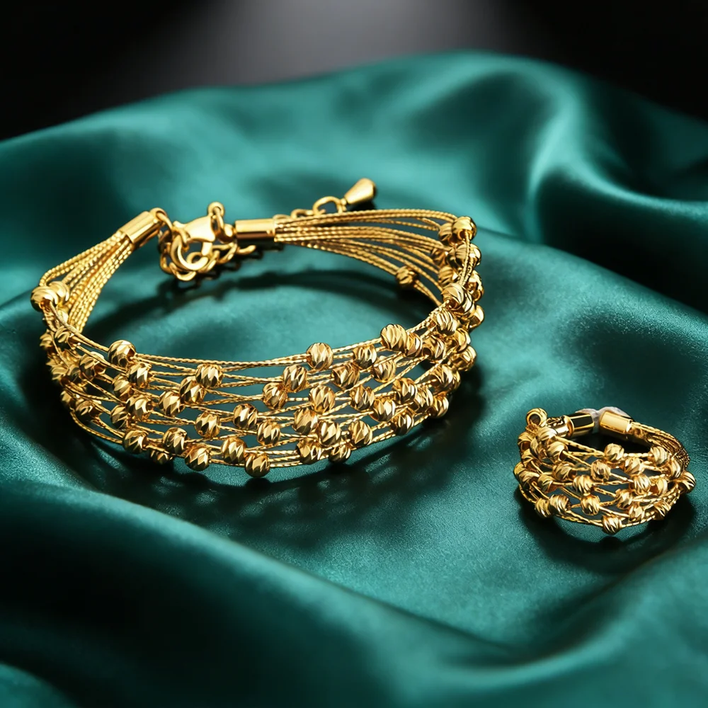Gold‑Plated Multi‑Layer Bangle & Multi‑Bead Ring Set – Adjustable Bracelet & Ring
