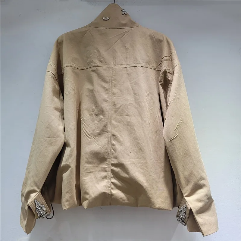 DEAT Women's Coat Loose Khaki Stand-up Collar Zipper Long Sleeve Diamonds Drawstring Jackets 2026 Spring Fashion 29A4829 - Image 5
