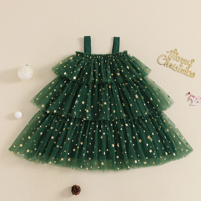 Girls Cotton Christmas Dress with Star Print and Tulle - Image 4