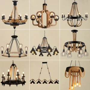 Vintage Rope LED Pendant Lamp – Metal Black/Brown Chandelier