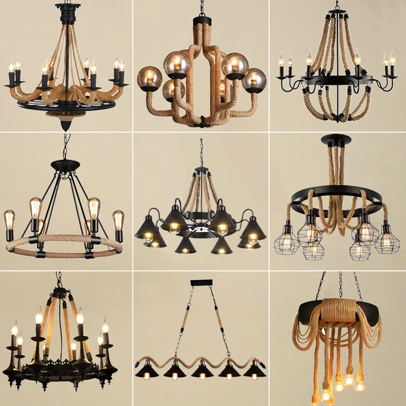 Vintage Rope LED Pendant Lamp – Metal Black/Brown Chandelier
