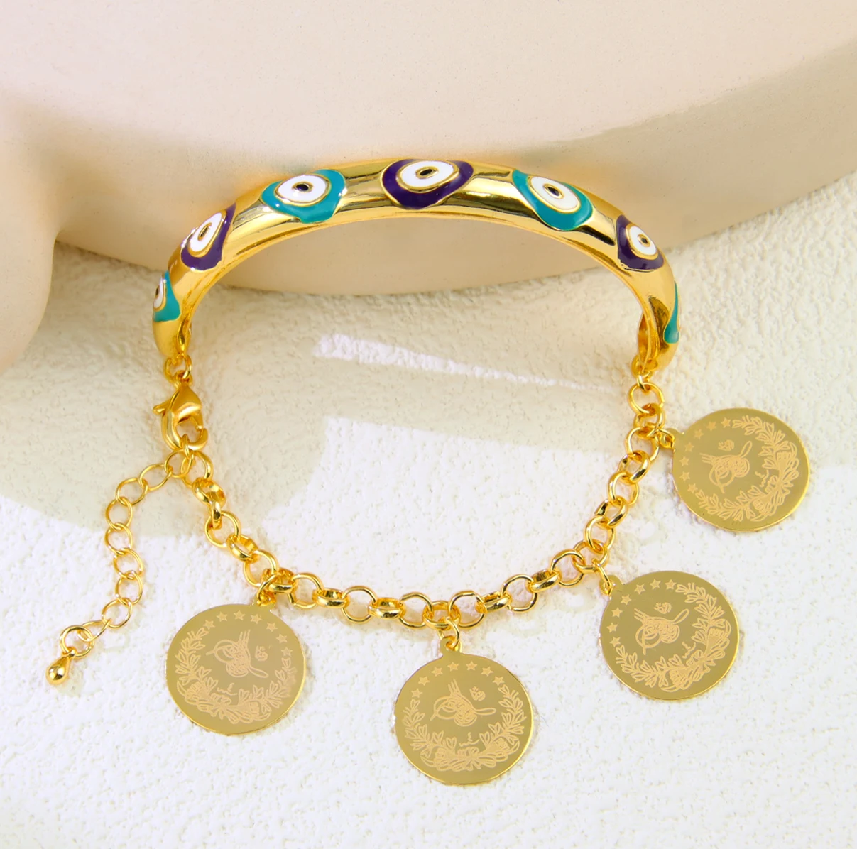 21k Gold-Plated Arabic Coin Charm Bracelet for Women – Dubai Bangles - Image 10
