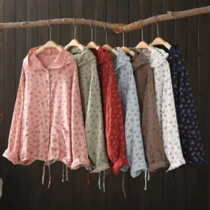 New Autumn Rustic Flower Print Hooded Shirts and Blouses for Women Japanese Style Large Size Tops Hoodies Cardigan Outwear