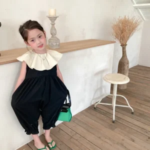 Cotton Patchwork Bodysuit with Detachable Pleated Ruffles – Girls 2‑8