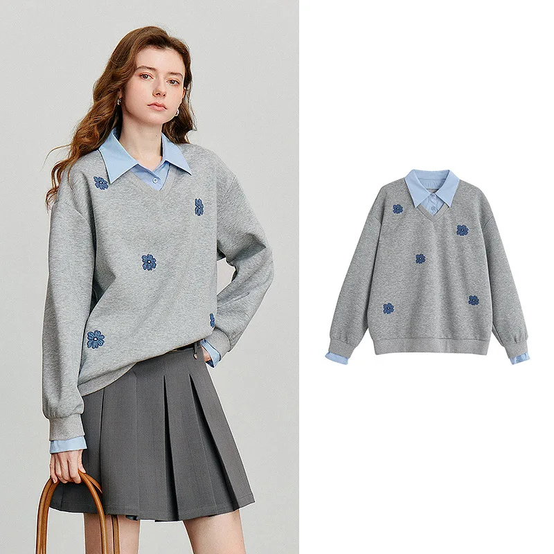 TOYOUTH Women Sweatshirt 2025 Autumn New Denim Flower Embroidery Fake Two Piece Splicing Turn Down Collar Cotton Casual Pullover - Image 8