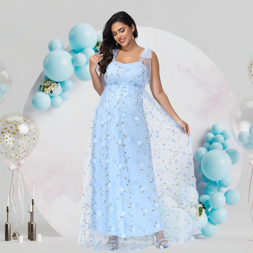 Maternity Photography Tulle Straps Evening Party Gowns Floral Embroidered Mesh Summer Long Dress for Baby Shower Photoshoot - Image 3