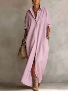 UOOZEE 2026 New Minimalist Solid Color Shirt Dress For Women Long Sleeves Loose Buttoned Pockets Casual Daily Lapel Maxi Dresses