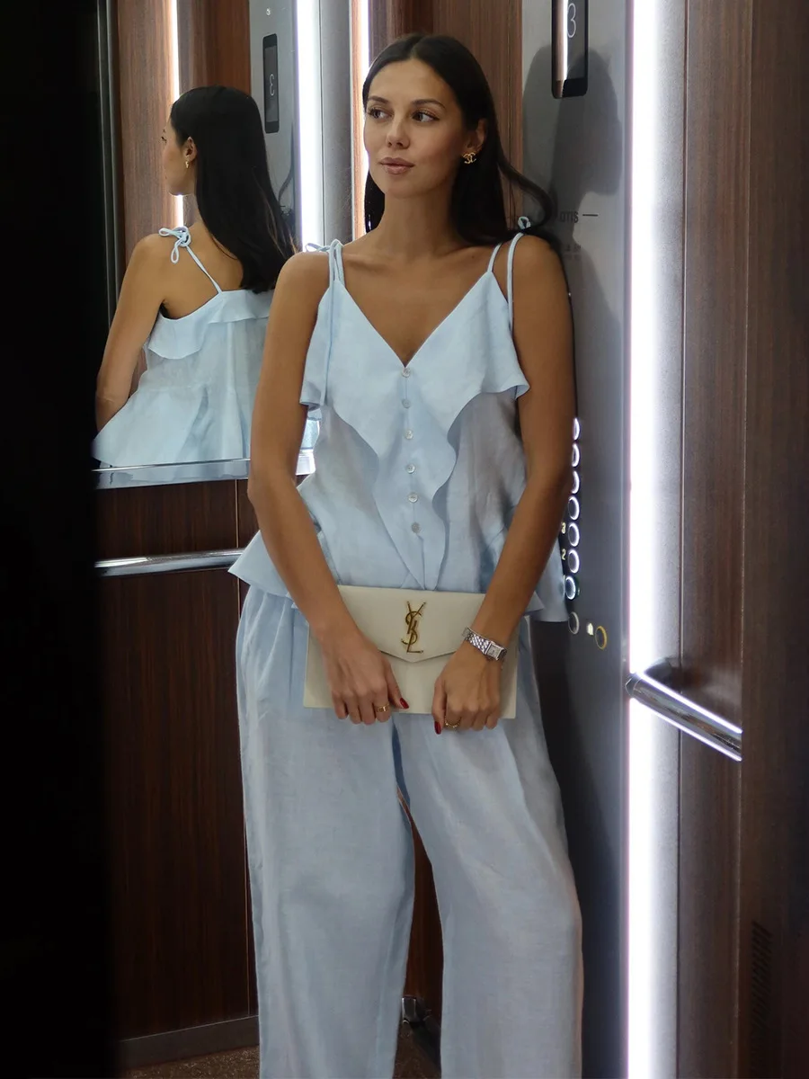 Bornladies 2026 Spring Summer New Cotton Solid Color Blue Set Ruffle Button Strap Top Casual Long Wide Leg Pants - Image 2