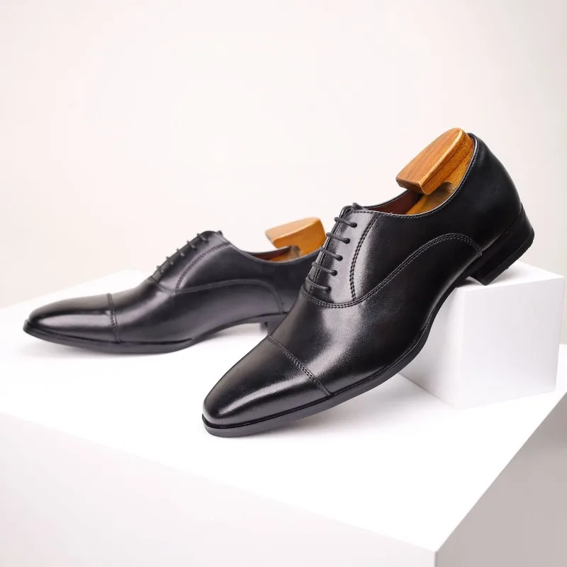Men's Genuine Split Leather Dress Shoes, Square Toe, Rubber Sole - Image 4