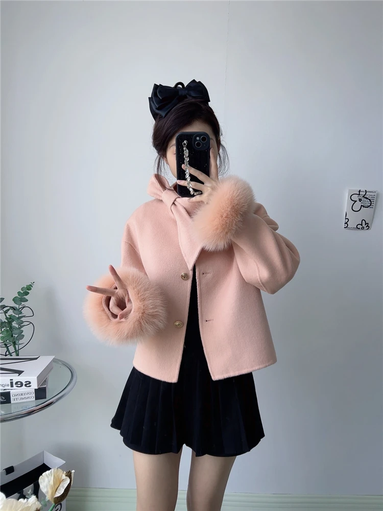 2024 New Winter Real Natural Fox Fur Cuff Coat Ladies Outwear Female Coat Cashmere Wool Woolen Women Luxury Jacket - Image 6