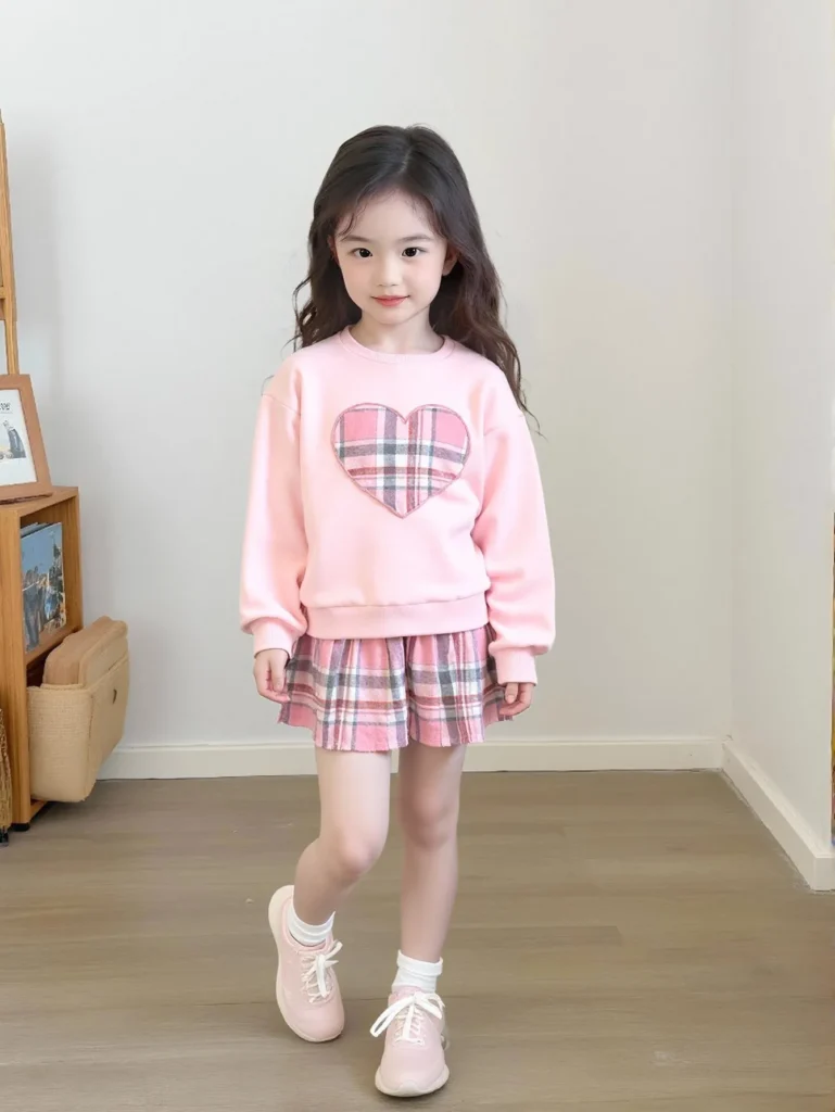 Two piece casual college style heart-shaped plaid round neck long sleeved pullover and pink short skirt for spring and autumn