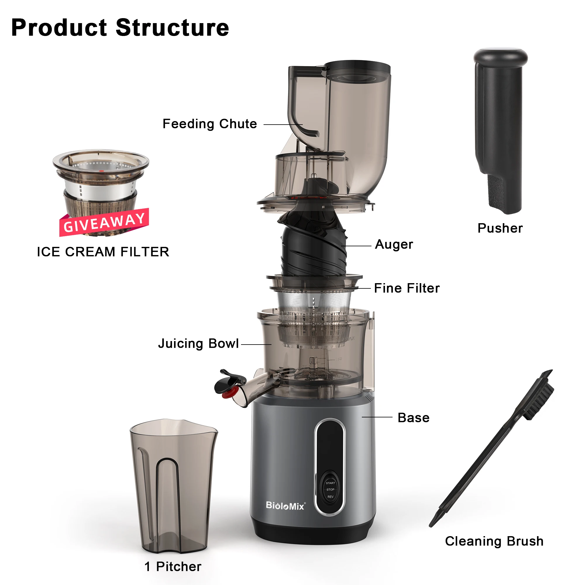 BioloMix 200W Cold Press Juicer with 78mm Feed Chute, Tritan BPA‑Free - Image 6