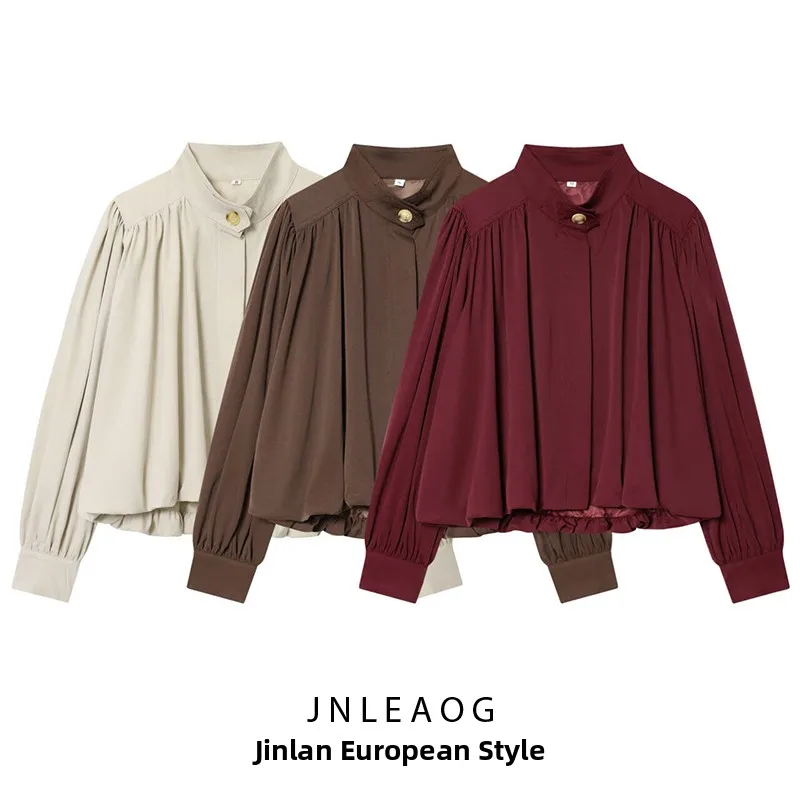 Faionable High Collar Pleated Versatile JNLEAOG Women's Outerwear Autumn New Sle Loose Fit Long Sve Polyester Coat