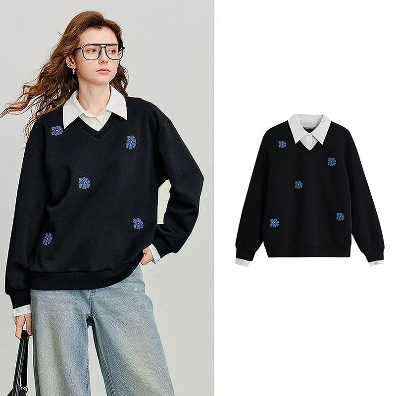 TOYOUTH Women Sweatshirt 2025 Autumn New Denim Flower Embroidery Fake Two Piece Splicing Turn Down Collar Cotton Casual Pullover - Image 6
