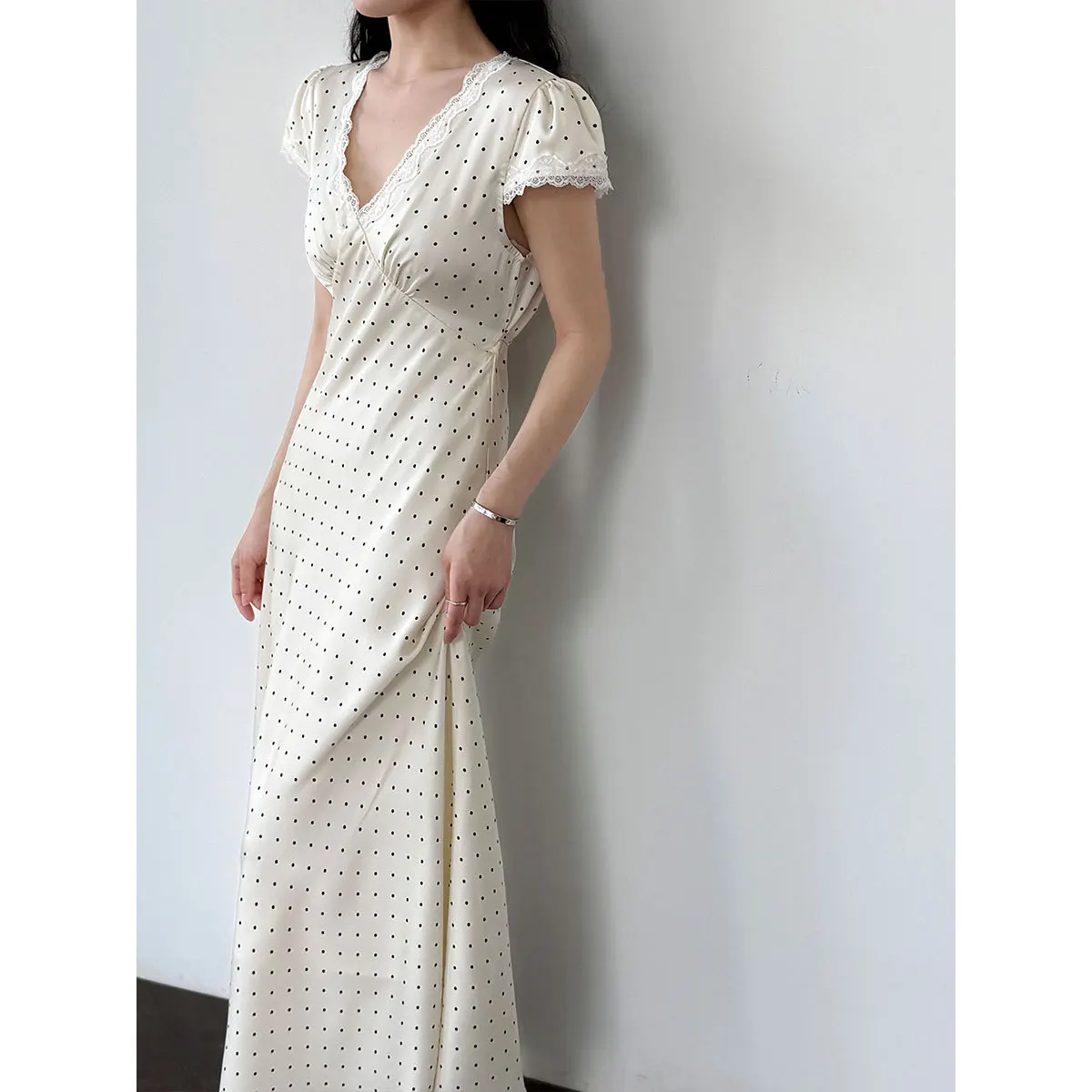 Women's Polka Dot Lace V-Neck Midi Dress - view 2