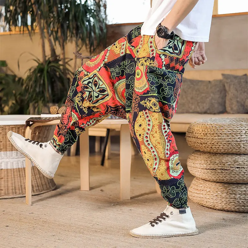 Pants Print Men New Retro Drop Crotch Joggers Men's Harem Pants Baggy Loose Nepal Style Men Casual Oversize Drop-crotch Trousers - Image 4