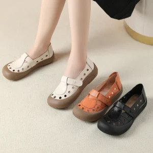 GKTINOO Genuine Leather Hollow‑Out Ballet Flats with Soft Rubber Sole
