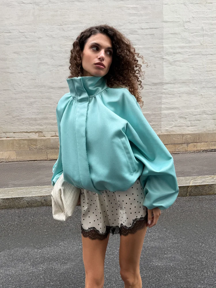 Women's Satin Balloon Sleeve Cropped Jacket
