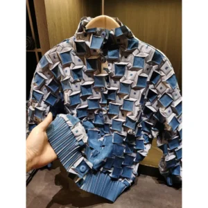 Miyake Pleated Jacket Plisse Women 2026 High-End New 3D Blue White Color-Block Print Coat Casual Loose Fit Commuter Long Sleeve
