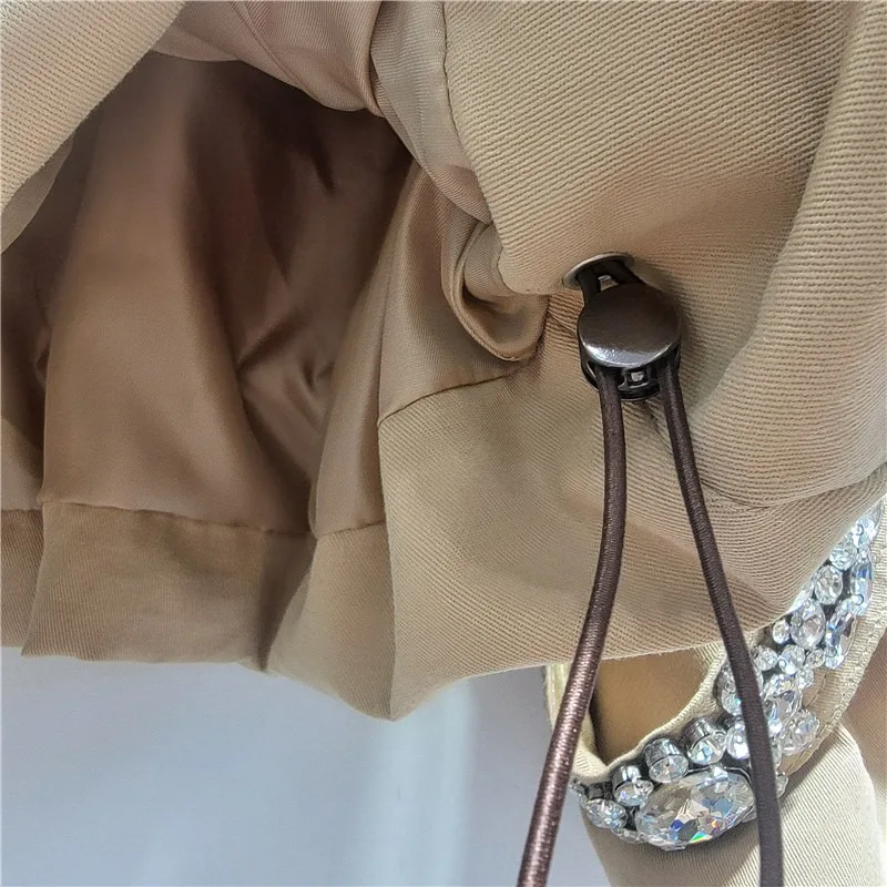 DEAT Women's Coat Loose Khaki Stand-up Collar Zipper Long Sleeve Diamonds Drawstring Jackets 2026 Spring Fashion 29A4829 - Image 6