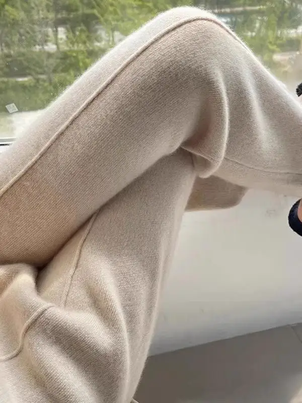 Thiened Wool Knitted Wide Leg Pants Women High Waist Draped Slim Version Floor-Length Outerwear Straight Leg Trousers