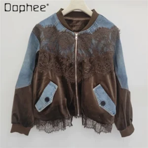 Spring New Fashion Stitched Lace Loose Velvet Denim Jacket Trendy Personality Street Casual Versatile Baseball Jackets Women