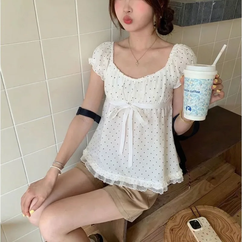 Women's Polka Dot Lace Puff Sleeve Blouse - view 7