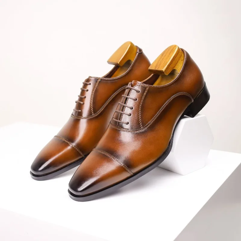 Men's Genuine Split Leather Dress Shoes, Square Toe, Rubber Sole - Image 2