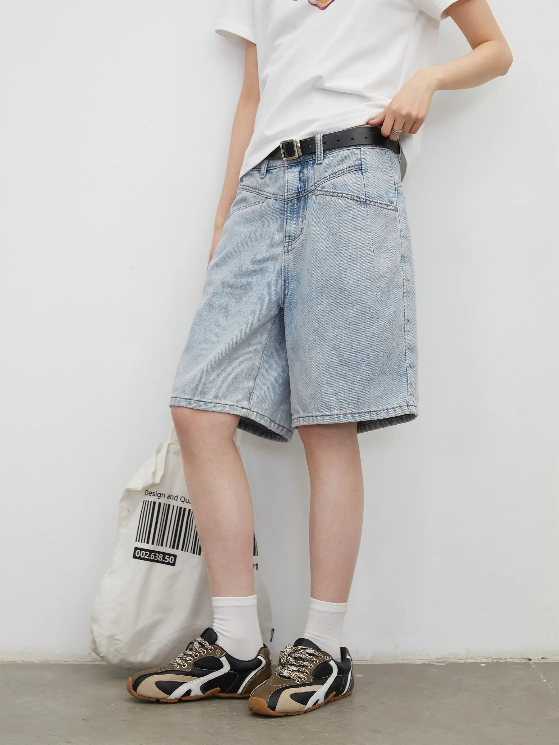 CHIC VEN Fashion Women Shorts Mid-length Blue New Dividing Line Design Retro Washed Cotton Straight Leg Short Jeans Summer 2026 - Image 2