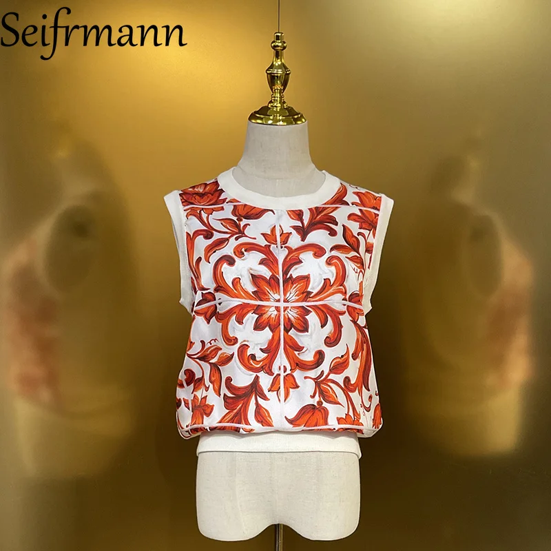 Seifrmann 2026 Summer Women's New Fashion Round Neck Long Sleeve Silk Splicing Wool Printed Cardigan+Tank Top Two Piece Set - Image 4
