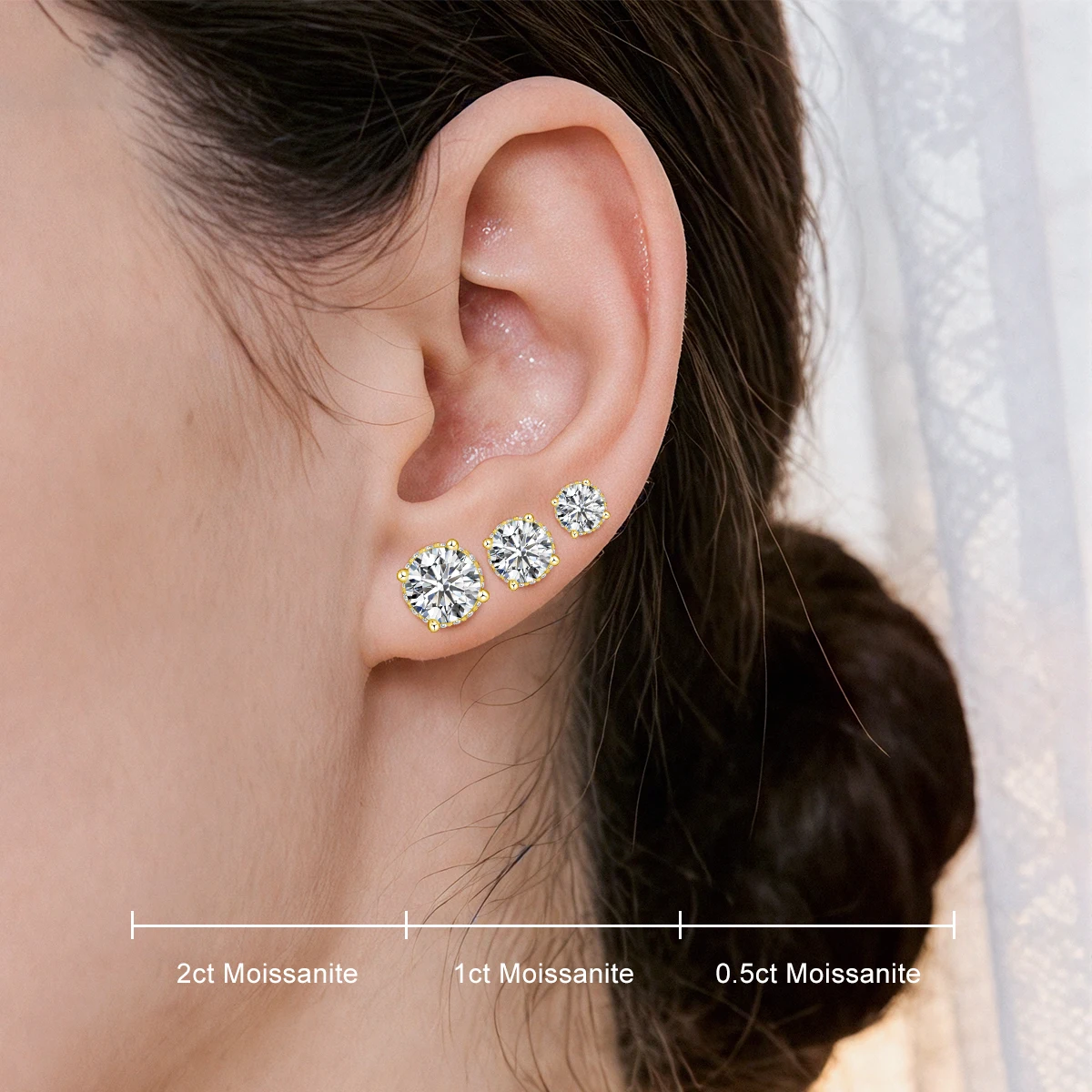 Round Moissanite Stud Earrings in 925 Silver, 18K Gold Plated Certified - Image 5